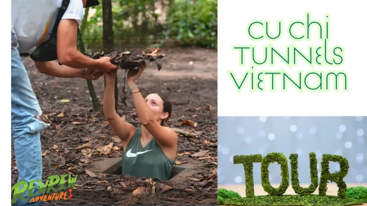 Tourists exploring the Cu Chi Tunnels in Vietnam, guided tour through underground war tunnels