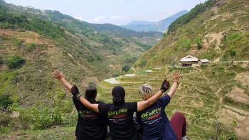 Riders on Rew Rew Adventures Easy Rider Tour Dalat To Ho Chi Minh 4 Days 3 Nights passing through Vietnam's Central Highlands with stunning mountain views, waterfalls, and ethnic villages