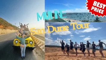 Panoramic view of the striking Mui Ne sand dunes, showcasing their unique desert-like landscape.