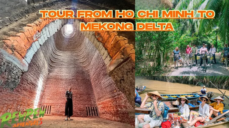 Boat navigating a narrow, palm-lined canal in the Mekong Delta, with a local woman in a conical hat rowing
