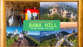Tourists walking on the iconic Da Nang Golden Bridge, held by two giant stone hands, amidst misty clouds at Ba Na Hills.