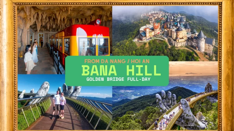 Tourists walking on the iconic Da Nang Golden Bridge, held by two giant stone hands, amidst misty clouds at Ba Na Hills.