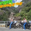 Easy Rider guide and traveler on a motorbike riding a winding mountain road between Nha Trang and Dalat