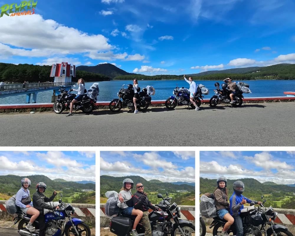 A local Vietnamese Easy Rider guide smiling, with a motorcycle and beautiful countryside in the background.